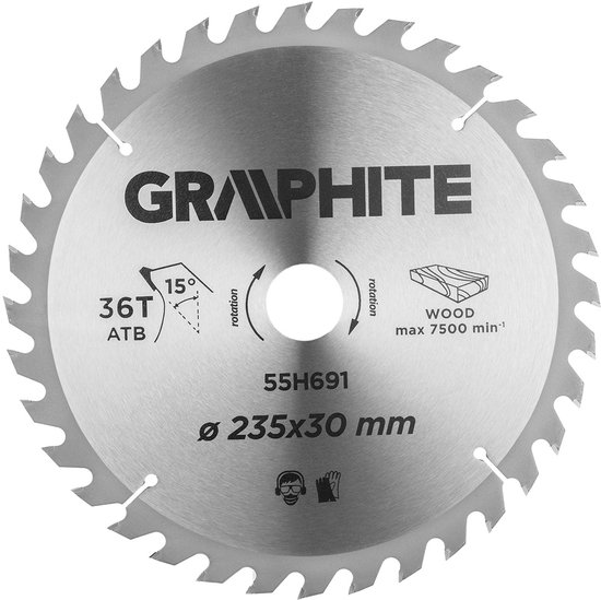 Graphite zaagblad met 36 tanden, 235 mm diameter en 30 mm boring. Ideaal voor hout, max 7500 omw/min.