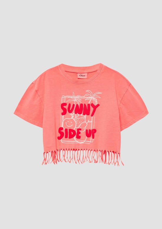 Koraalkleurig T-shirt met de tekst "SUNNY SIDE UP", palmbomen en fruitprint. Met gerafelde zoom.