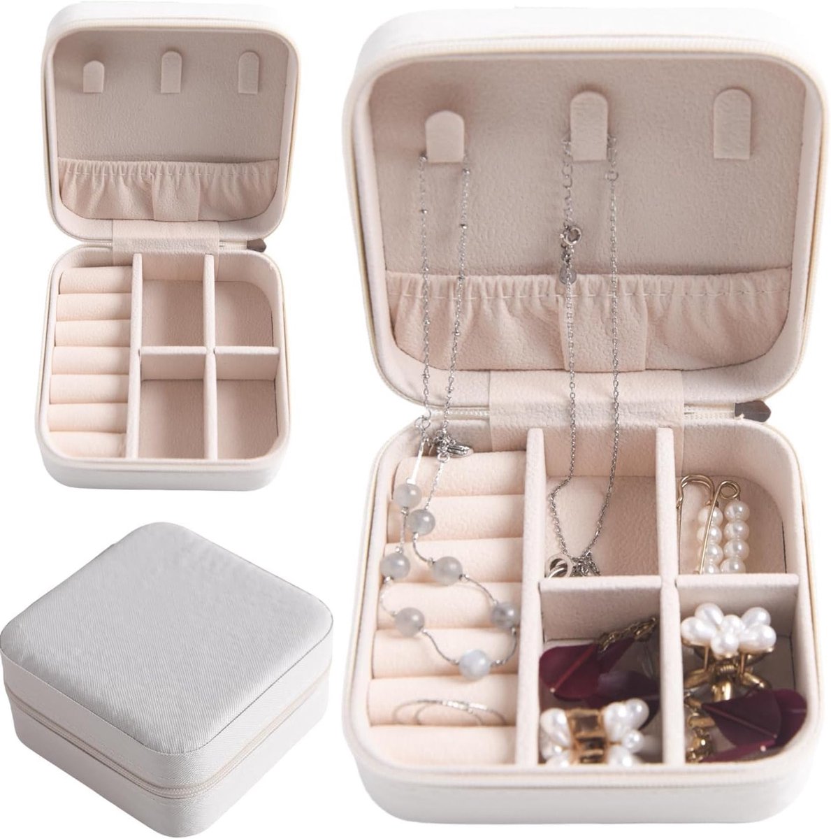 Draagbare juwelendoos voor vrouwen, mini organizer van PU-leer voor sieraden, perfect voor ringen, oorbellen, kettingen en armbanden, ideaal als cadeau voor vrouwen en meisjes