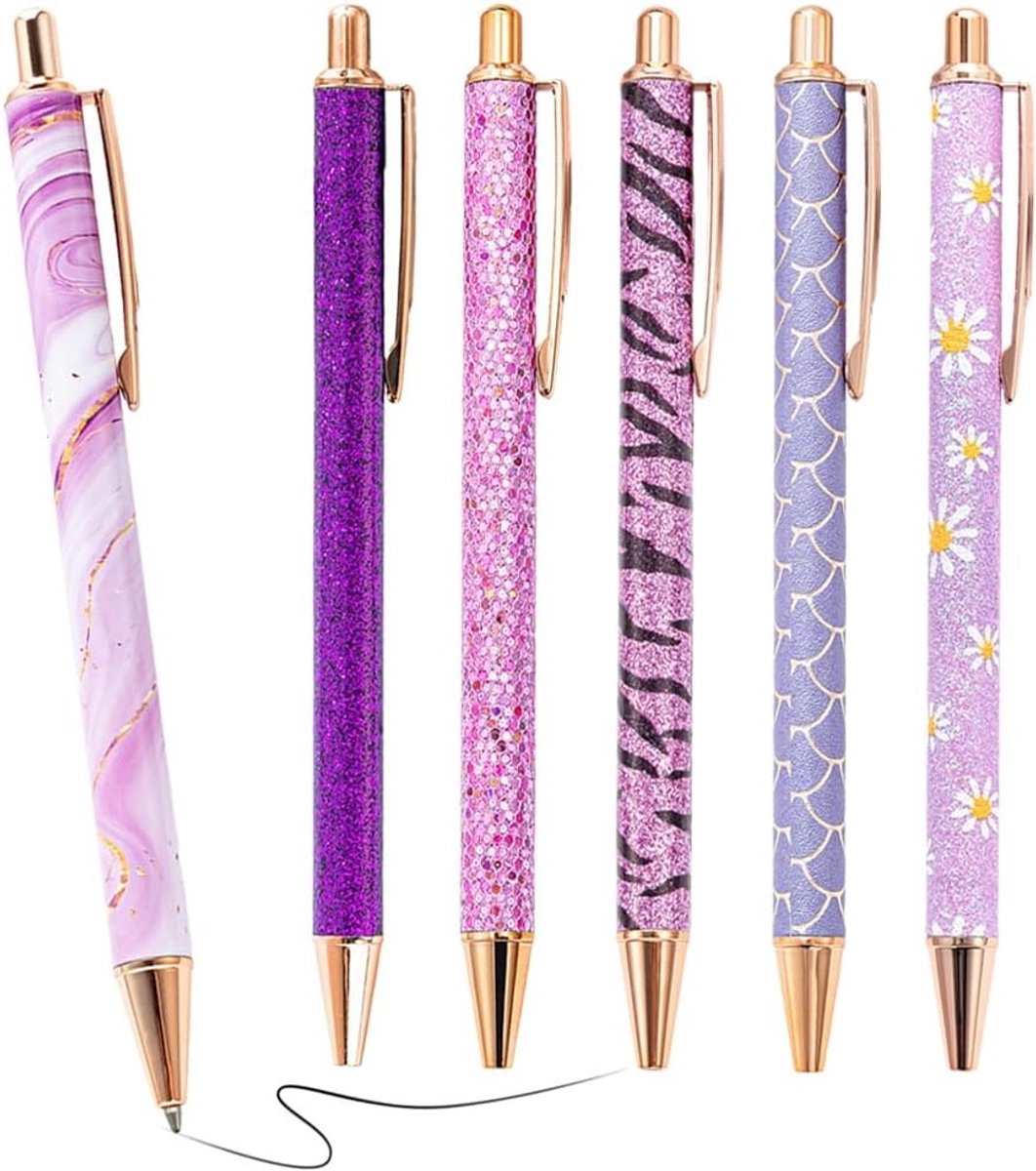 Elegante paarse balpennen set van 6 - Glanzende metalen balpen met zwarte inkt, perfect voor schrijven, cadeau voor moeders en leraren, ideaal voor kantoor en school