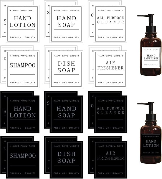 Set van bruine dispensers met witte labels: Hand Lotion, Hand Zeep, All Purpose Cleaner, Shampoo, Dish Soap, Air Freshener, Hand Sanitizer.