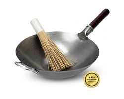 KAAMUT® Professionele Wokpan Ø36 cm Handgehamerd Koolstofstaal – Ronde Bodem – Niet Voorgekruid – Houten Handvat & Stalen Hulphandvat – Inclusief Bamboe Wokborstel – Horecakwaliteit