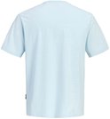 Lichtblauwe t-shirt, van achteren gezien, met zwart label op de achterkant van de linkermouw.