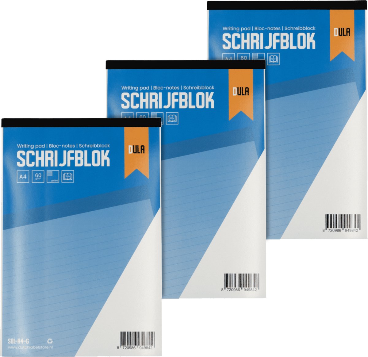 Schrijfblok A4 formaat met lijn 100 vel - Notitieblok gelinieerd - 60 grams papier - 3 stuks - DULA
