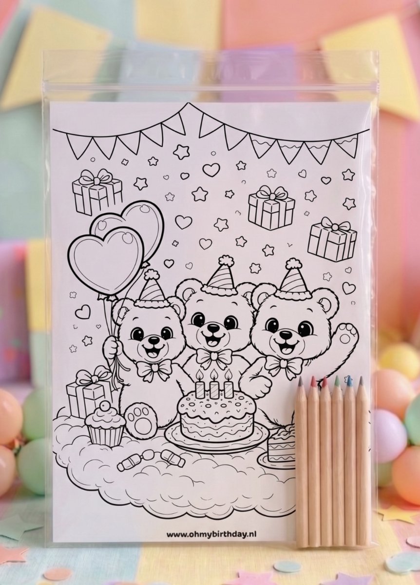 Knutsel Traktatie - 10 stuks - Thema: Teddybeer / Beertje / Beer - Merk: Ohmybirthday - 1 x Luxe Kleurplaat & 6 x Kleurpotloden - Verjaardag / Uitdeelcadeau / Trakteren - Luxe Set & Hoge Kwaliteit - Knutselpakket - Kleuren, Tekenen & Knutselen