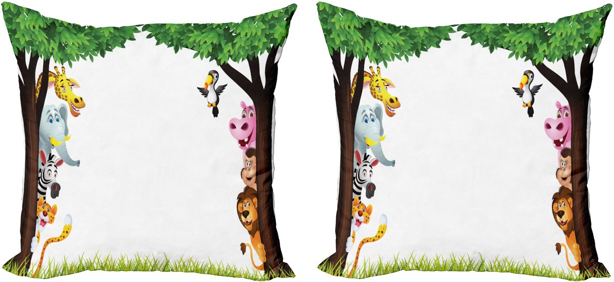 ABAKUHAUS Decoratieve kussenhoezen voor de kleuterschool, 2 stuks, Boomvriendelijke jungle, 50x50 cm, Wit Groen Bruin