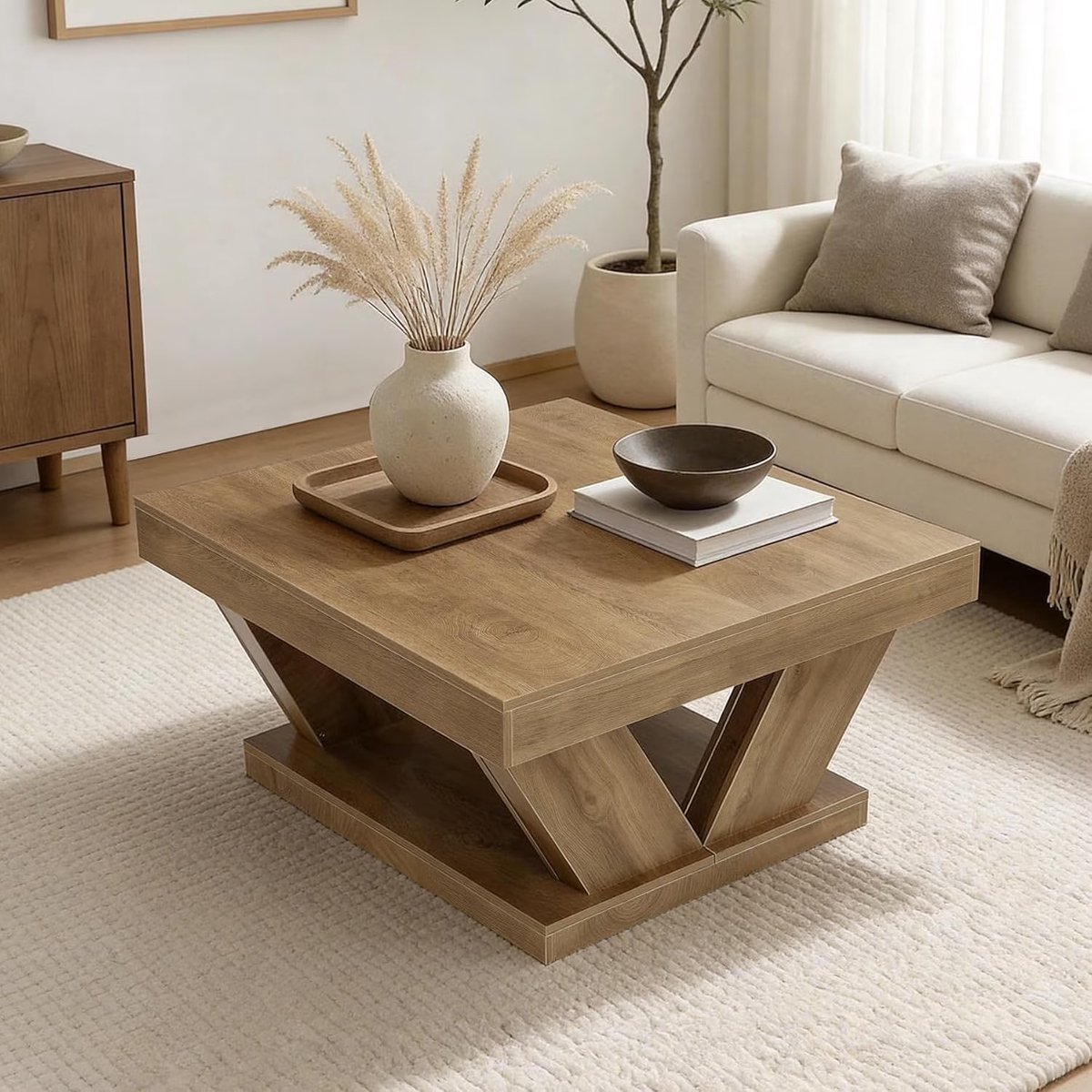 LITTLE TREE Vierkante Salontafel - 2-laags centrumtafel - 100 x 100 x 50 cm - Voor de woonkamer - Eikenkleur