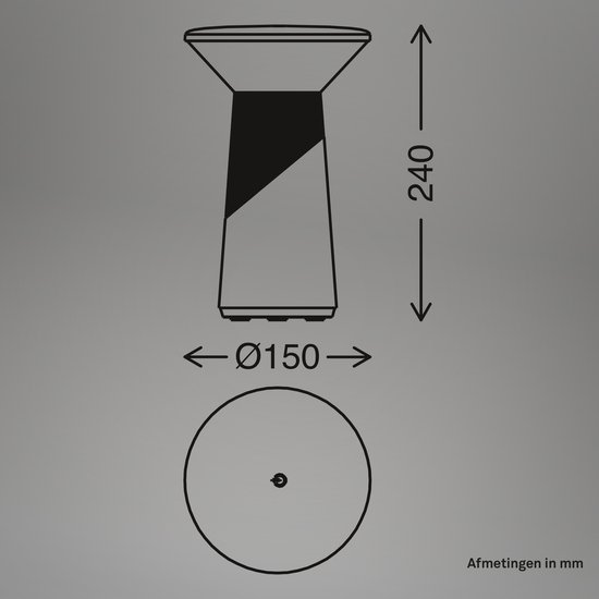Technische tekening van de Pilia lamp met afmetingen Ø150mm en 240mm hoog.