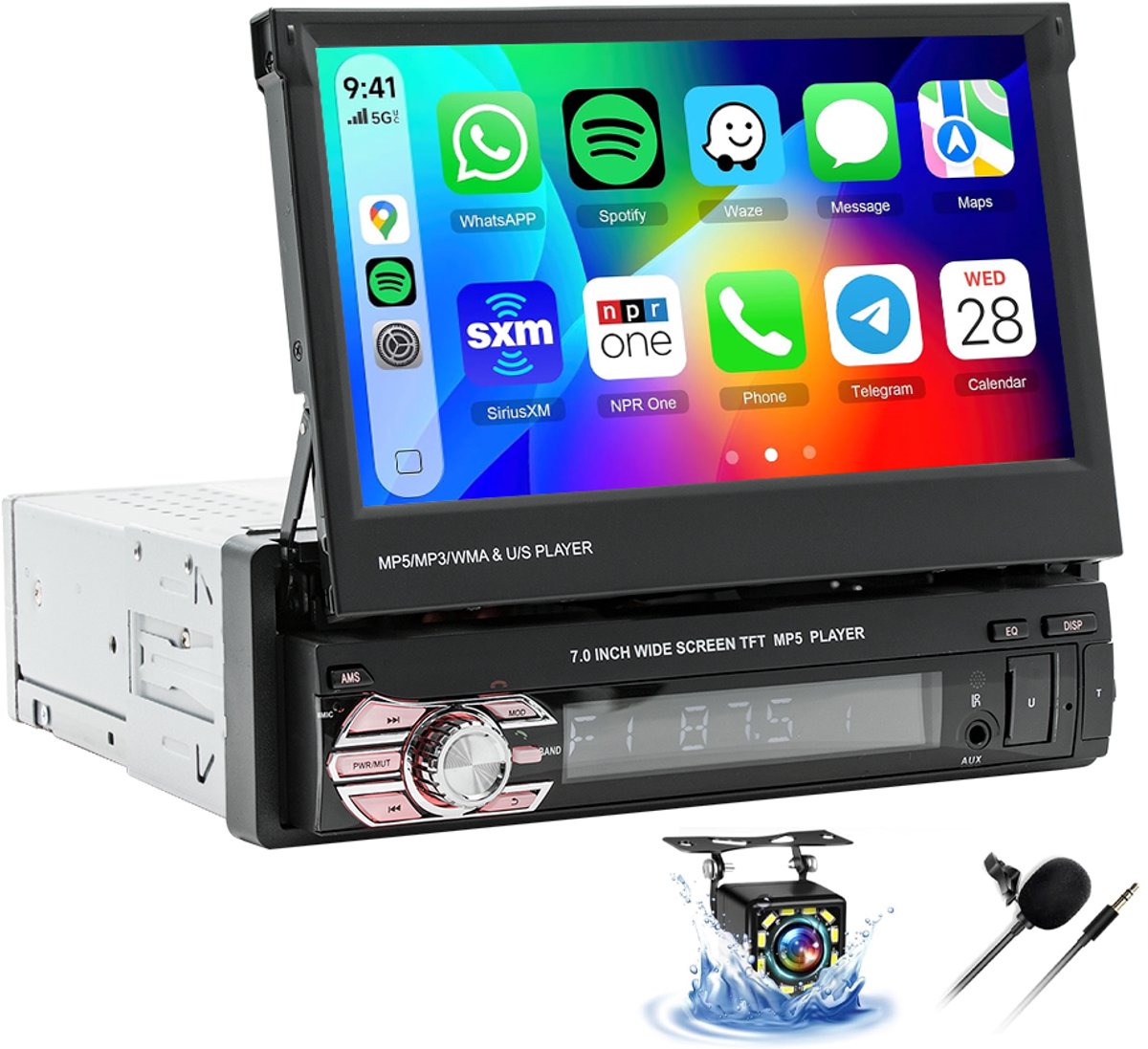 ESSGOO 1Din Autoradio Met Bluetooth - Apple Carplay & Android Auto - 7" HD Touchscreen Handmatig Opvouwbaar Scherm - USB, AUX, FM, EQ, TF - 12 LEDs Achteruitrijcamera & Microfoon