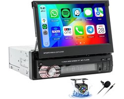 ESSGOO 1 DIN autoradio met Bluetooth - Apple CarPlay & Android Auto - 7" HD touchscreen handmatig opvouwbaar scherm - USB, AUX, FM, EQ, TF - 12 LEDs achteruitrijcamera & microfoon