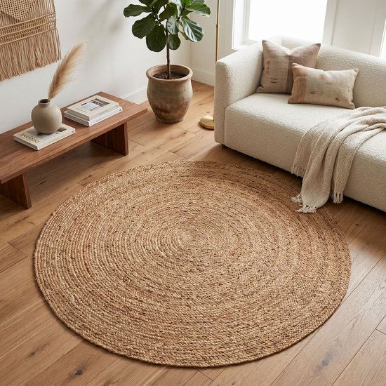 Ripaz Vloerkleed, natuurlijk jute beige met witte rand, handgevlochten