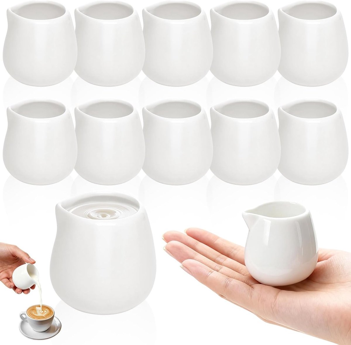 Set van 12 Mini Melkkannetjes van Wit Keramiek, 50 ml - Ideaal voor Koffie, Melk en Sauzen