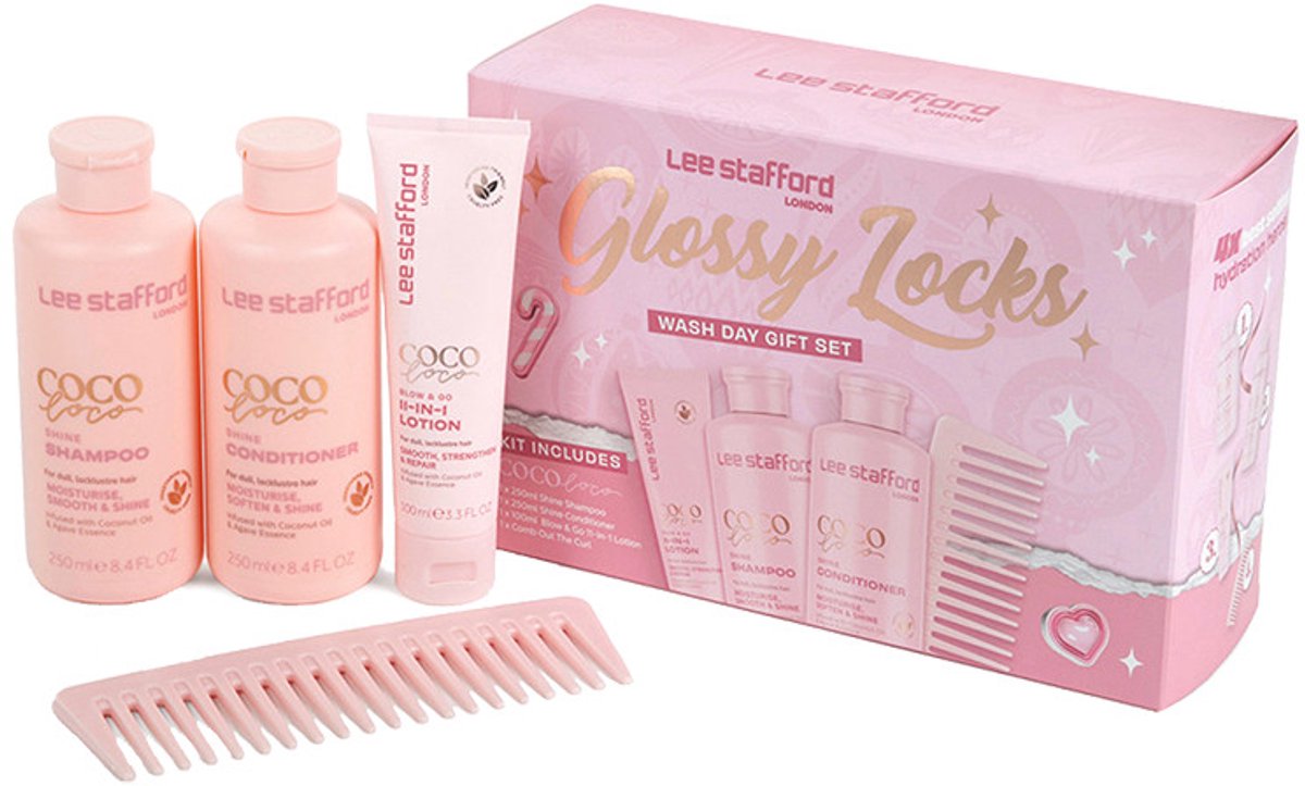Lee Stafford London - Glossy Locks - Wash day kit - Shampoo - Conditoiner - Blow & Go lotion - Kam