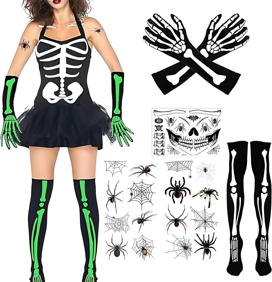 Luminous Halloween Skelet Handschoenen en Kousen - Verlichte Accessoires voor Cosplay en Feestjes - Maat One Size, Perfect voor Halloween en Grappige Kostuums
