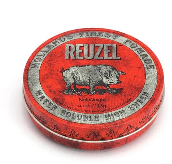 Rood blik Reuzel pomade met opdruk van een varken, tekst "HOLLANDS FINEST POMADE" en "WATER SOLUBLE HIGH SHEEN".