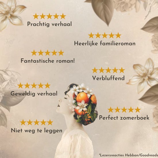 Profiel van een vrouw, omringd door sterren en citrustexten, met citroenen en sinaasappels in haar haar.