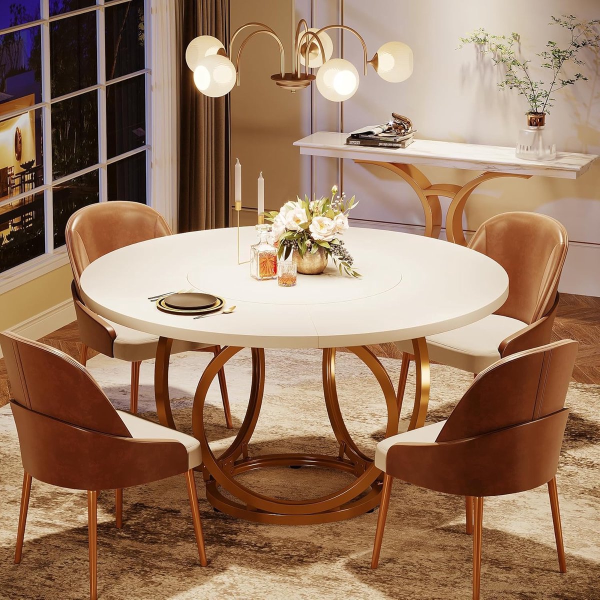 Ronde Eettafel 120 cm - Luxe Keukentafel voor 4 tot 6 Personen - Modern Wit Marmerlook Blad met Gouden Geometrisch Onderstel - 120x120x75 cm - Vermissen