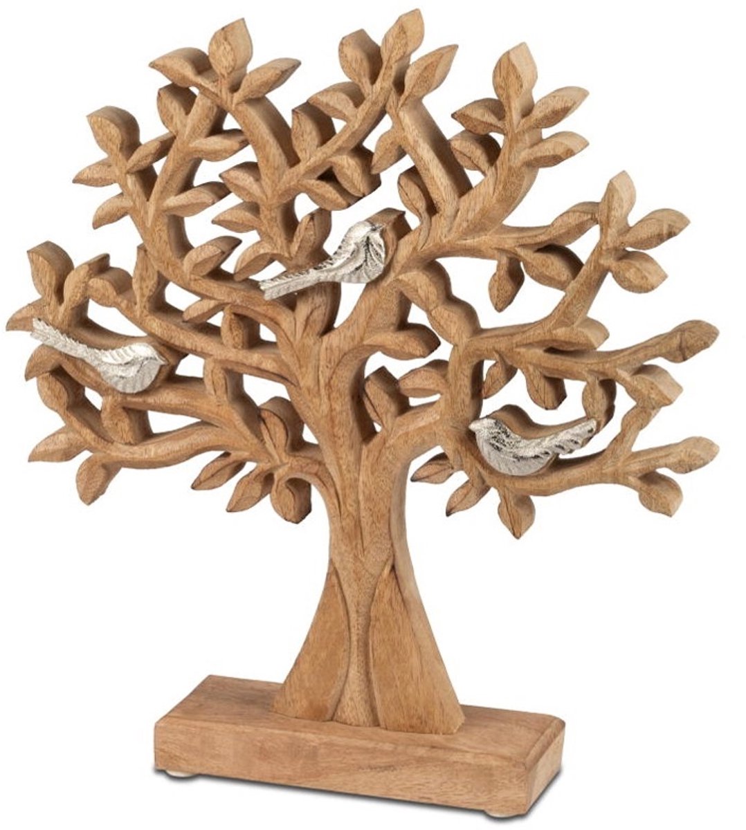 Levensboom - met Vogels - Op Mango Voet - 32x30cm - Zilver - Mango - Aluminium - Raw