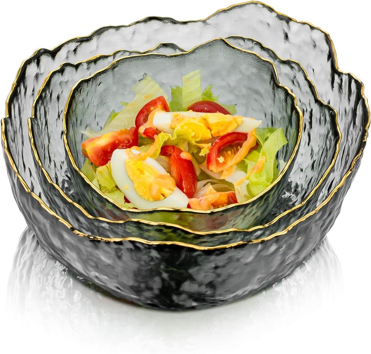 Set van 3 Stapelbare Glazen Serveerschalen in Rookgrijs voor Soep, Salades en Desserts, Ideaal voor Feestjes en Mixen