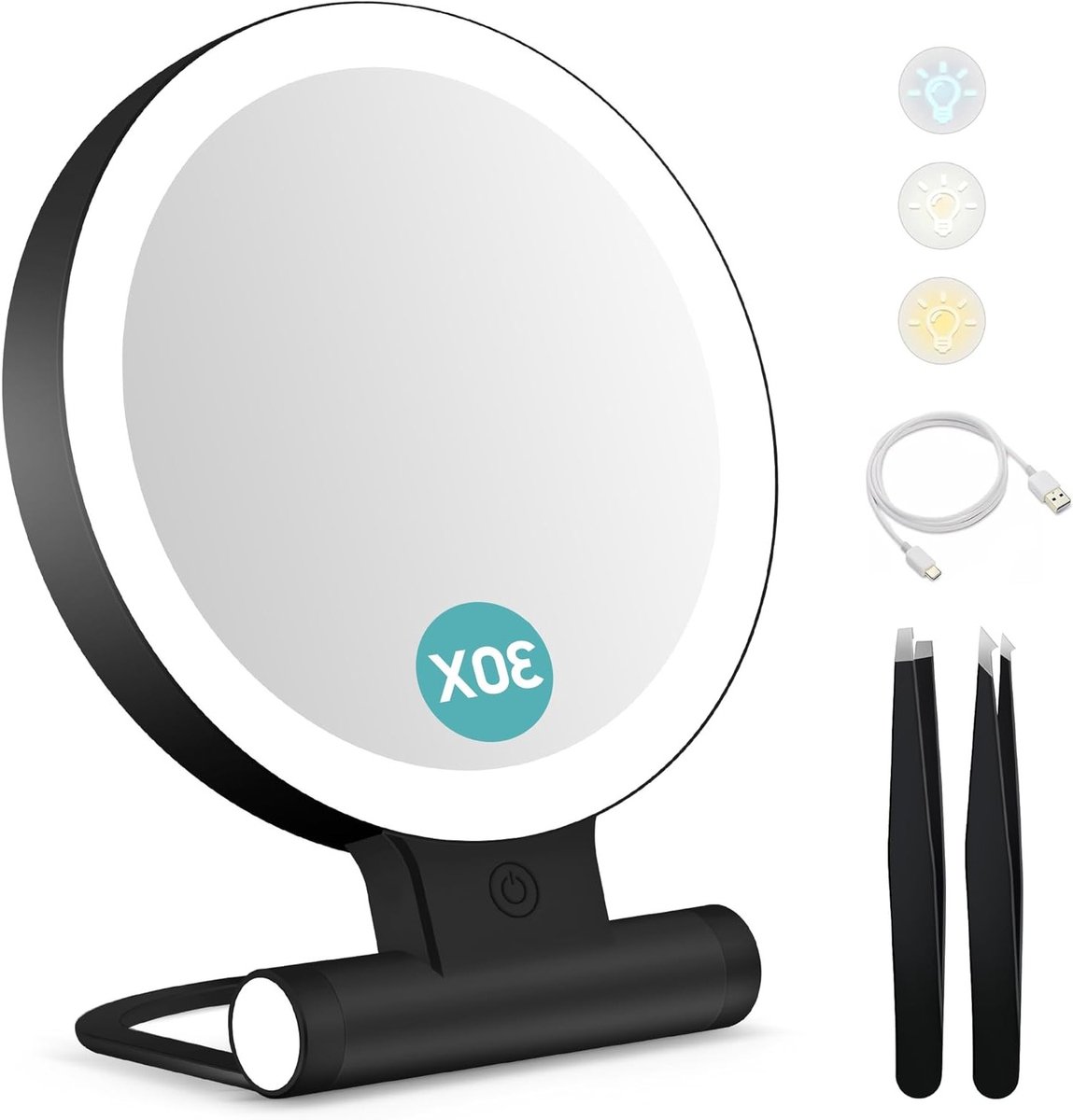 Make-up Spiegel met Verlichting, Dubbelzijdige Tafel Spiegel, Dimbare LED Verlichting, Reisvriendelijke Cosmetica Spiegel met 3 Kleuren Licht