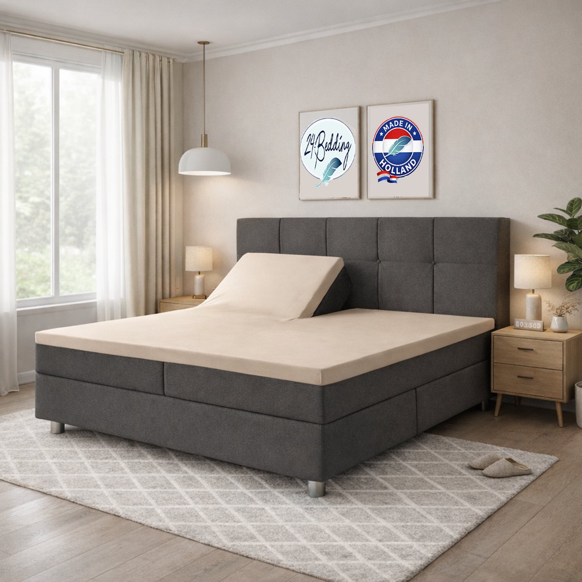 24-Bedding Dubbel Jersey - Splittopper Hoeslaken - 200 x 200 cm - Beige - 100% Katoen - Extra Zacht & Elastisch