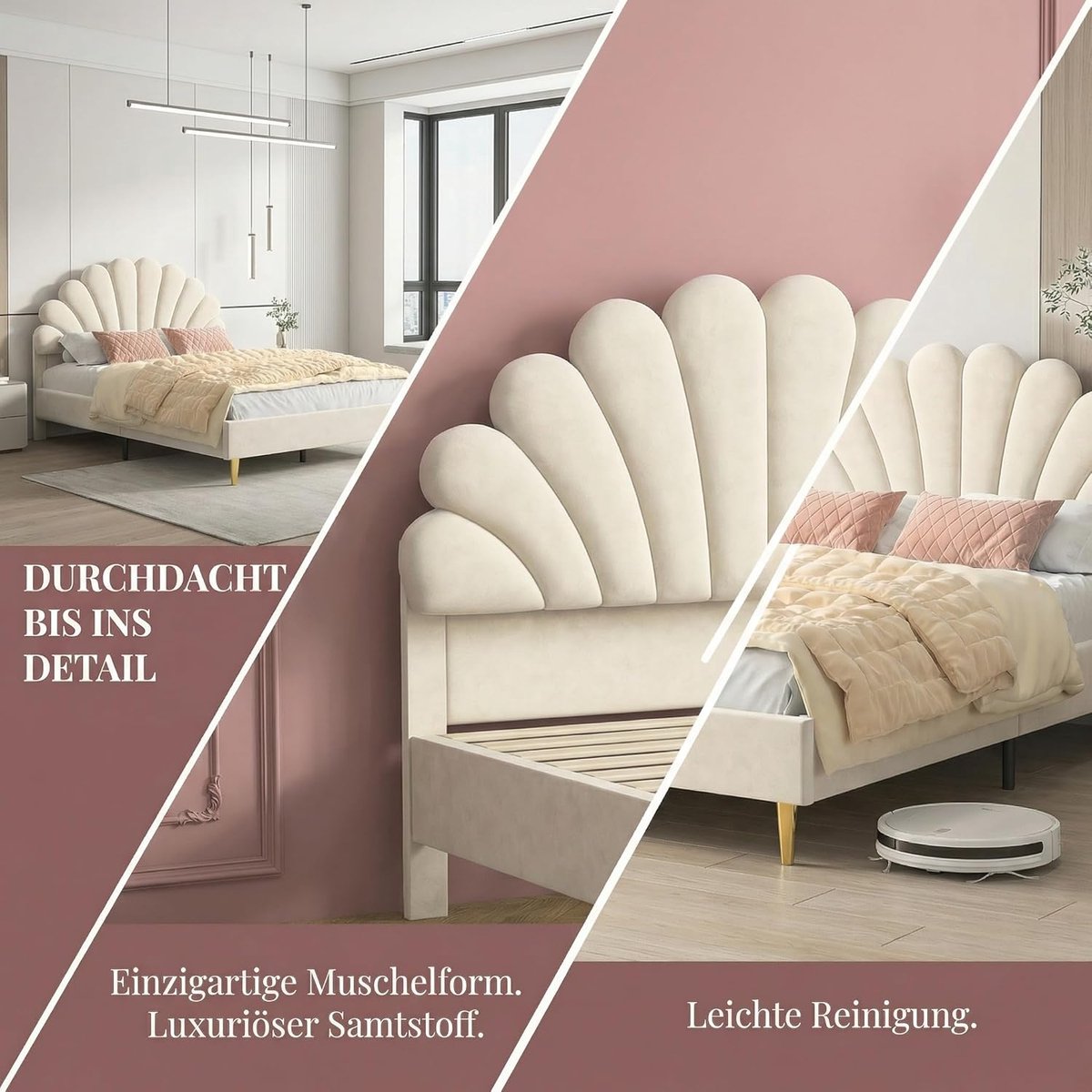 Bloesem Elegantie Velvet Tweepersoonsbed 140x200 cm met Bloemvormig Hoofdbord en Lattenbodem - Beige