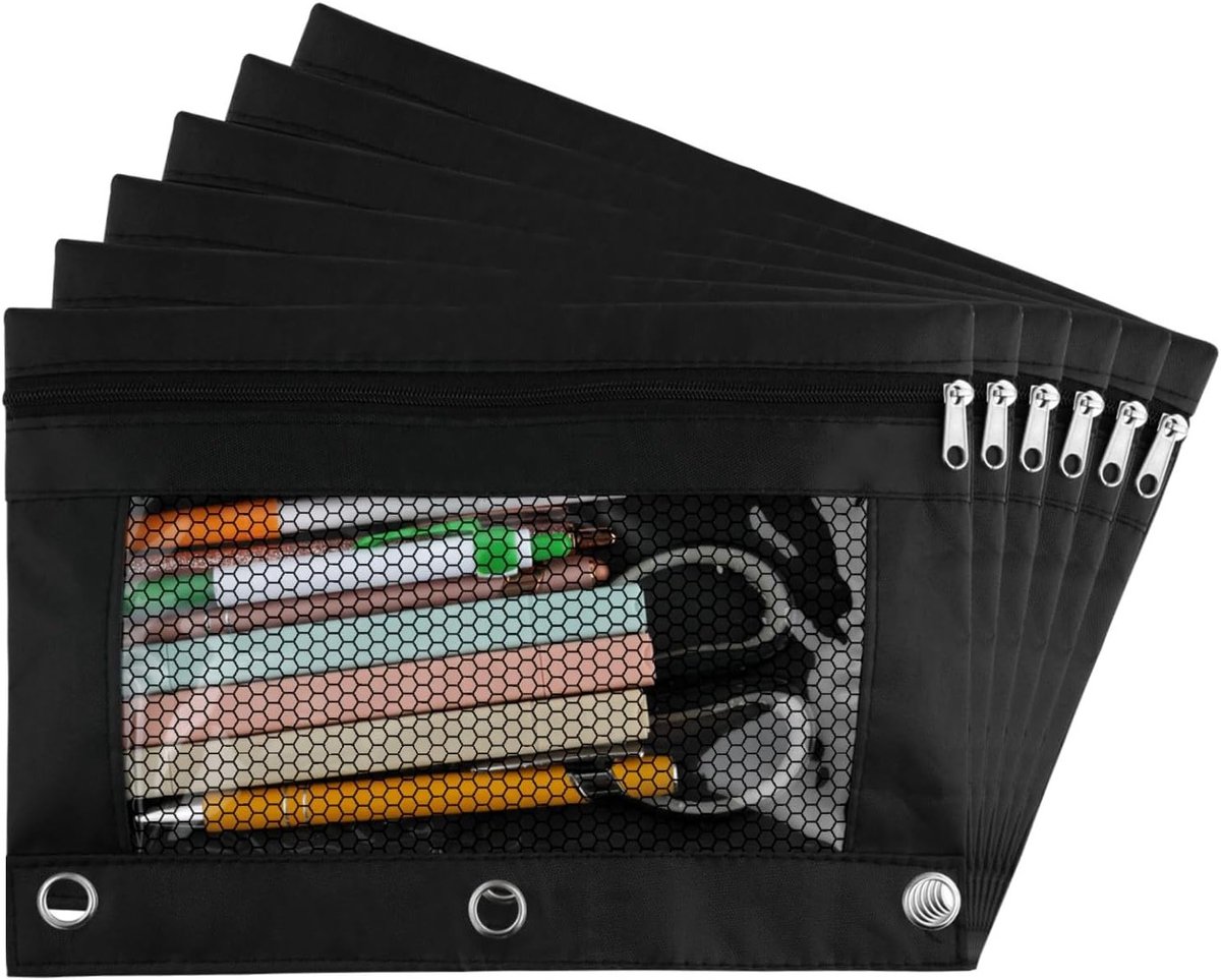 Pencil Case met 3 Ringen en Duidelijk Venster, Ideaal voor School en Kantoor, Zwart Canvas met Ritssluiting, Geschikt voor Studenten en Docenten