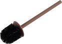 Bruine toiletborstel met zwarte haren en een bruin handvat.