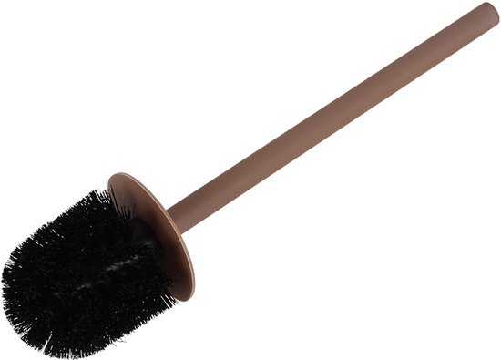 Bruine toiletborstel met zwarte haren en een bruin handvat.