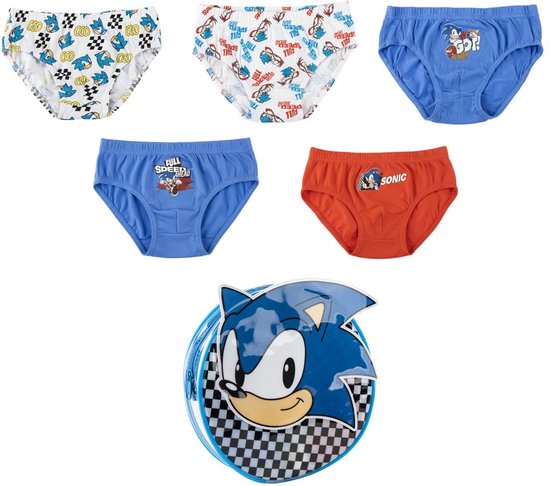 Set van 5 jongens onderbroeken met Sonic printjes, in blauw en oranje, met toilettas.