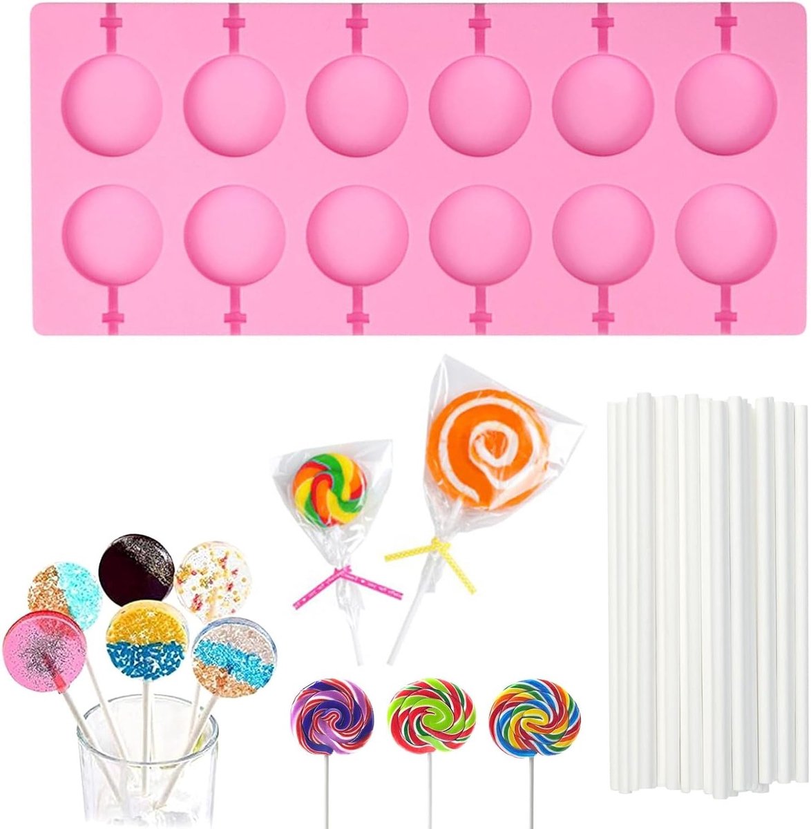 Siliconen Lollipop Mallen, 12 Ronde Vormen, 20 Stokken, Herbruikbaar en Antikleef voor Snoepjes maken