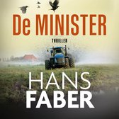 Boek "De MINISTER", een thriller van Hans Faber, met een blauwe tractor op een modderig veld.