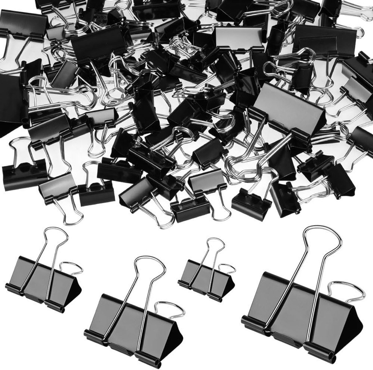 Set van 100 metalen foldback clips in 15 mm, 19 mm, 25 mm en 32 mm voor documenten, papier en notities - multifunctionele binder clips in zwart