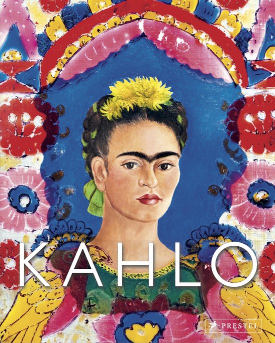 Couverture de livre avec un tableau de Frida Kahlo dans un cadre coloré et fleuri. Le texte 'KAHLO' est en bas.