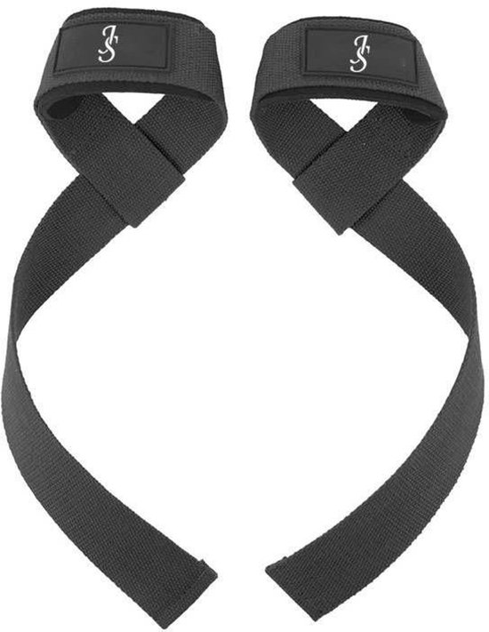 Een set van twee zwarte lifting straps met aan de polsband een zwart label met een wit 'J' logo.