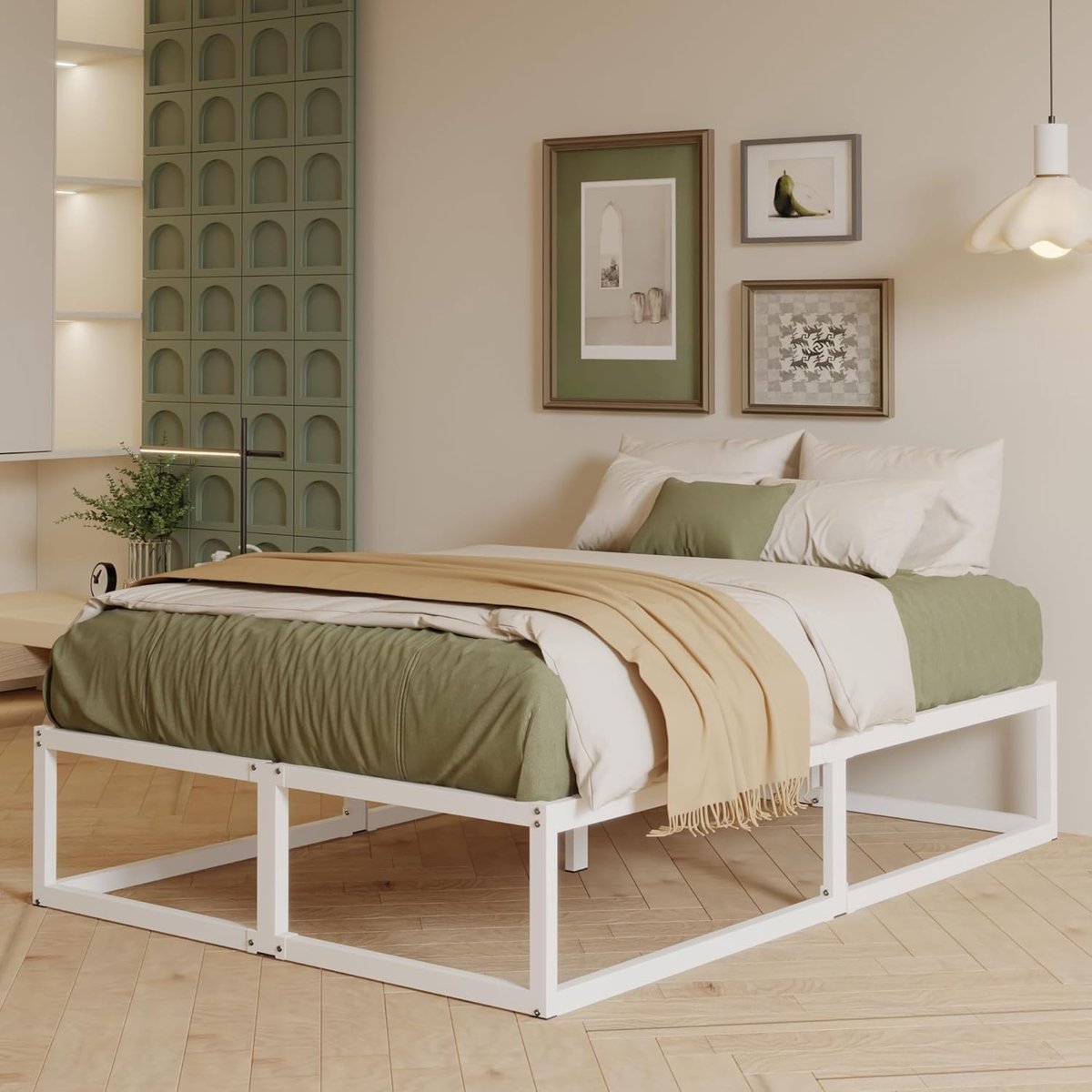 Luxe Stalen Bedframe 160x200 cm met Opbergruimte en Geluidsloze Lattenbodem – Modern Wit Metaal Platformbed 36 cm Hoog, Extra Stevig tot 400 kg