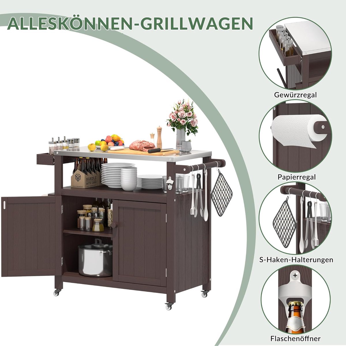Buitenkeuken op Wielen – ABTKantoor BBQ Trolley met Werkblad, Opbergruimte en Lade – Weerbestendig Keukeneiland voor Tuin, Camping & Balkon – Bruin – 109x48x92 cm