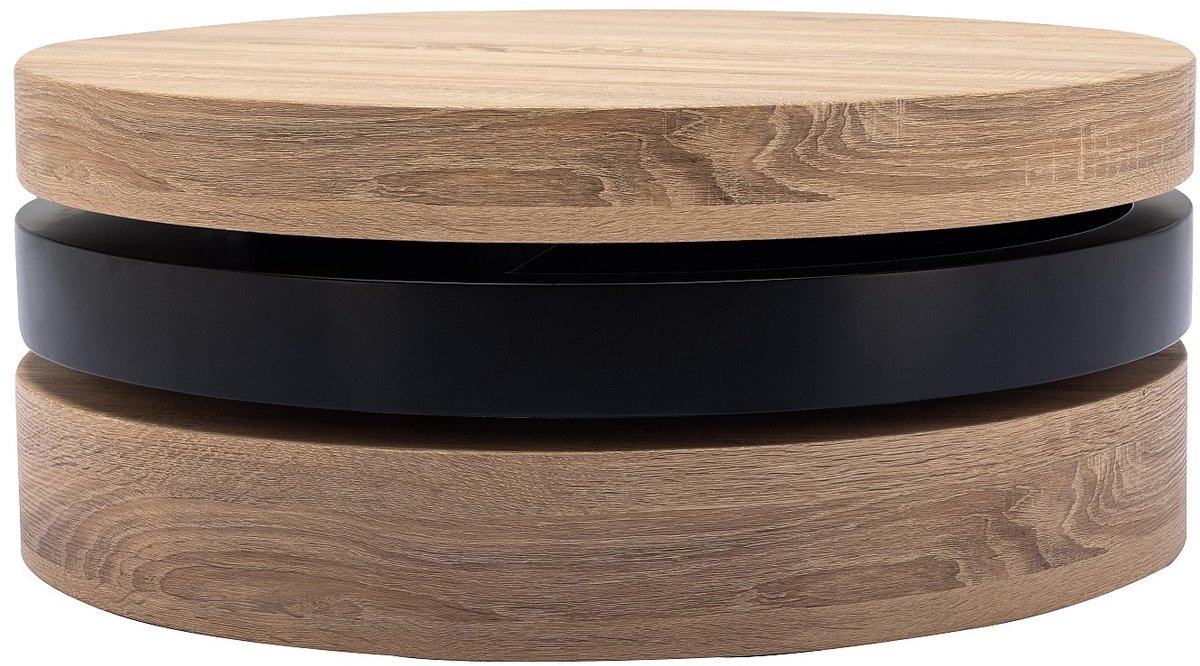 Vente-unique Draaibare ronde salontafel met 1 nis van MDF - Zwart en licht naturel - JANITA Zwart, Natuurlijk licht