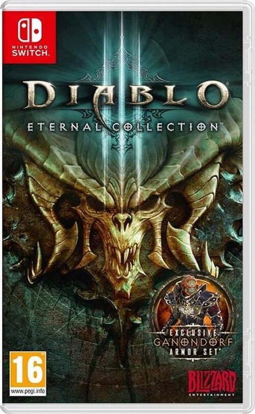 Nintendo Switch speldoos: Diablo Eternal Collection met demonische afbeelding en Ganondorf-wapenset.
