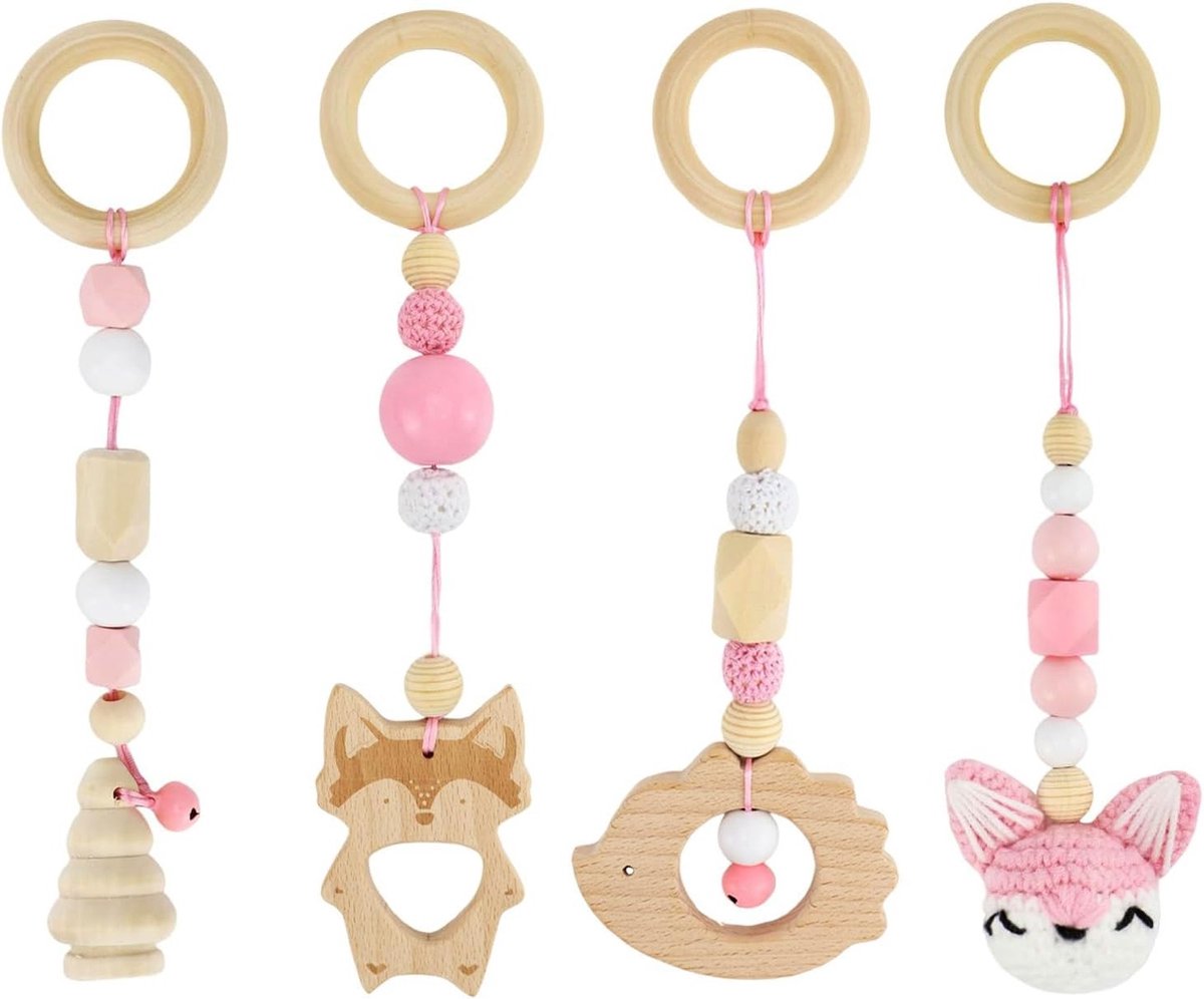 Set van 4 Houten Speeltrapezes voor Baby's, Houten Gym, Speelboog voor Ontwikkeling en Vermaak, Geschikt voor Jongens en Meisjes vanaf 0 Maanden (Roze)