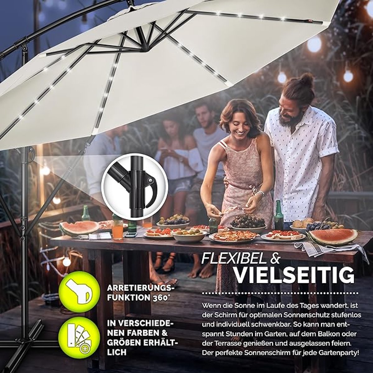 Zweefparasol Ø 300 cm met LED Solar Verlichting, Kantelbaar Aluminium Frame, UV50+ Waterafstotend, Handmatige Kruklift en Inclusief Voet – Tuinparasol met 32 LED Lampen voor Terras en Tuin – Mobili Bella