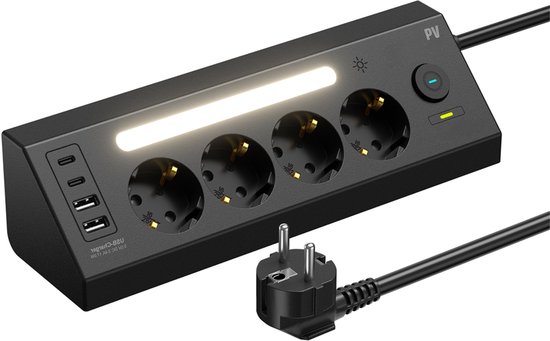 Zwarte stekkerdoos met 4 stopcontacten, 2x USB-C en 2x USB-A, voorzien van een LED-strip en een 1,8 meter lange kabel met stekker.