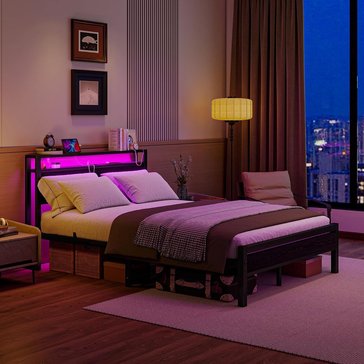 Modern Metalen Bedframe 140x200 cm met LED Verlichting en USB-C Oplaadstation, Tweepersoonsbed met Hoofdbord en Opbergruimte, Inclusief Lattenbodem, Stil en Stevig