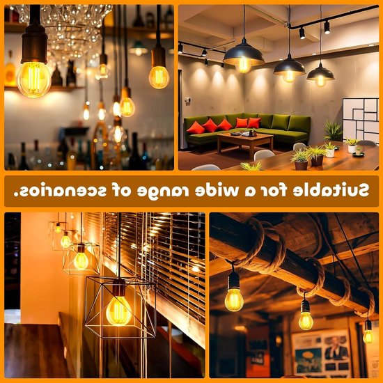 Set van 2 E14 LED Vintage Lampen, 4W Filamentverlichting, Vervangt 40W Gloeilamp, Warm Wit 2200K, Amber Glas, 400LM, Golfbal P45/G45, Niet Dimbaar, Nostalgische Decoratie voor Thuis, Café en Bar — afbeelding 4