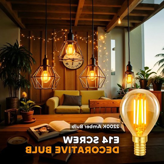 Set van 2 E14 LED Vintage Lampen, 4W Filamentverlichting, Vervangt 40W Gloeilamp, Warm Wit 2200K, Amber Glas, 400LM, Golfbal P45/G45, Niet Dimbaar, Nostalgische Decoratie voor Thuis, Café en Bar — afbeelding 3