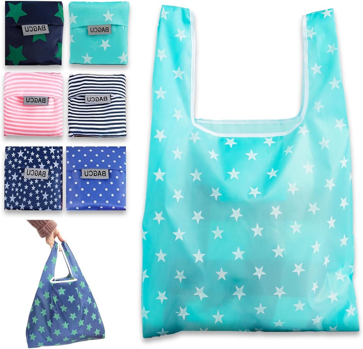 Vouwbare boodschappentassen set van 6, herbruikbare en lichte polyester tassen, compact en milieuvriendelijk voor boodschappen, reizen en picknicks (48x32x5cm)