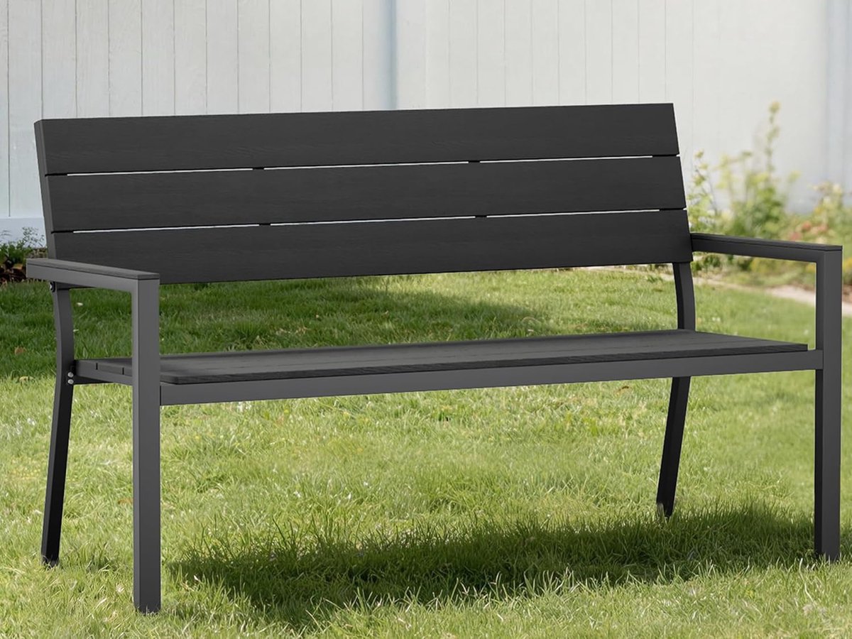 Tuinbank 127x57x88 cm 2-3 Zits Weerbestendig WPC Houtlook Metalen Frame Donkergrijs – Luxe Balkonbank met Rugleuning en Armleuningen – Mobili Bella