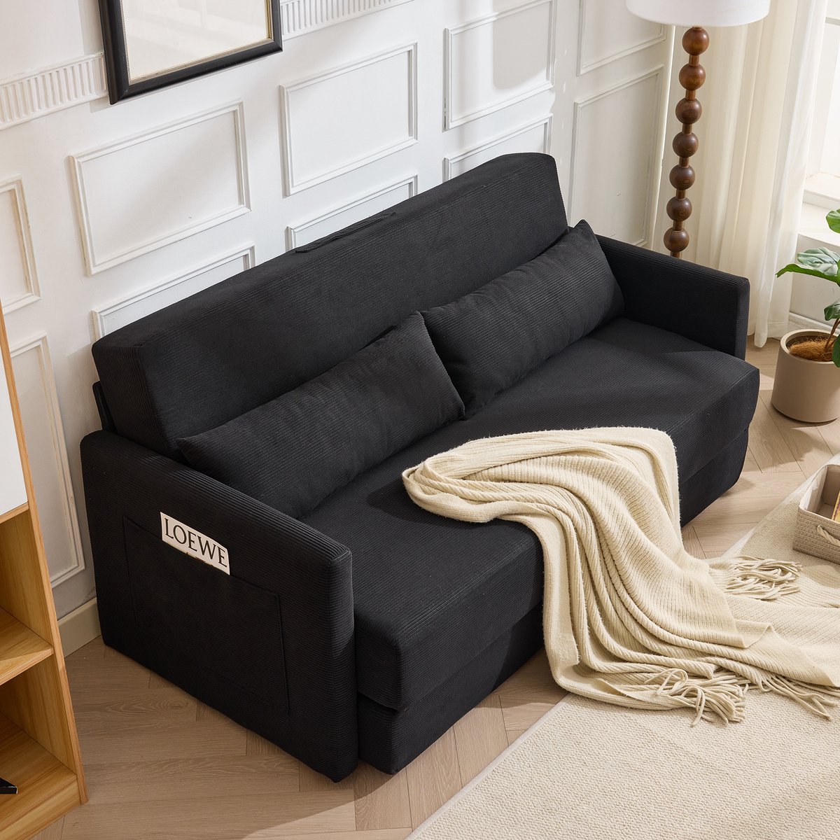 MIVRAY Slaapbank 165 x 92 x 82 cm - 2-in-1 Inklapbaar Met Opbergvakken En Lendekussens - Voor Studio En Logeerkamer - Cord Zwart