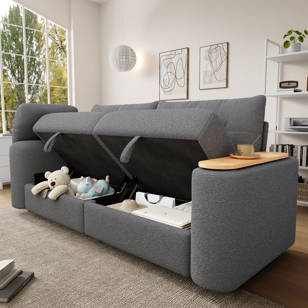 MIVRAY Modulaire Bank 207,5 x 80 x 87 cm - Met Opbergruimte En Draaibare Bijzettafel - Voor Woonkamer - Teddy Grijs