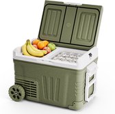 Groene koelbox met deksel open, gevuld met fruit (bananen, appels, sinaasappels) en glazen. Witte binnenkant, groene buitenkant met wielen.